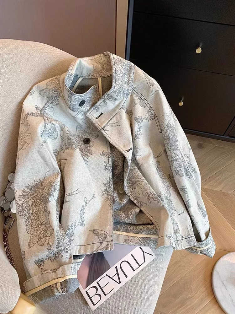 Women Fashion Jeans Top - Vrouwen lichtgrijs print denim jasje vintage