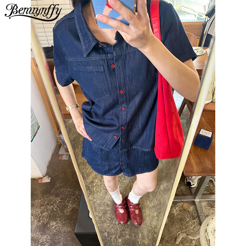 Women Fashion Jeans Top - Benuynffy Retro Korte Mouwen Denim Shirt